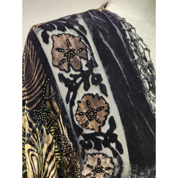 Vtg Aris A Piano Fringe Velvet Burnout Dramatic Open Jacket Black & Amber OS - Picture 5 of 10